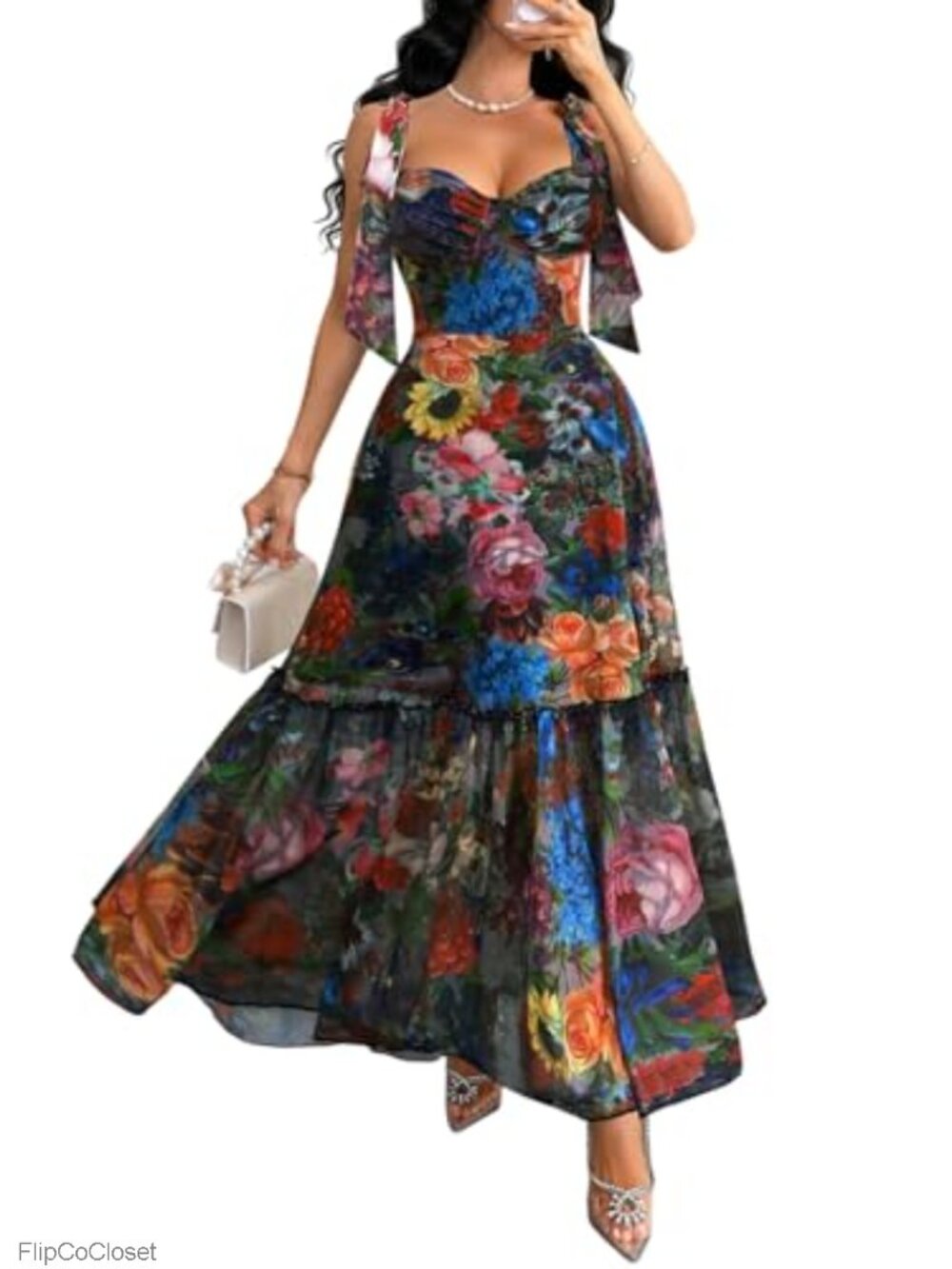 Women's Floral Maxi Dress Sweetheart Neckline Ruffle Hem Backless